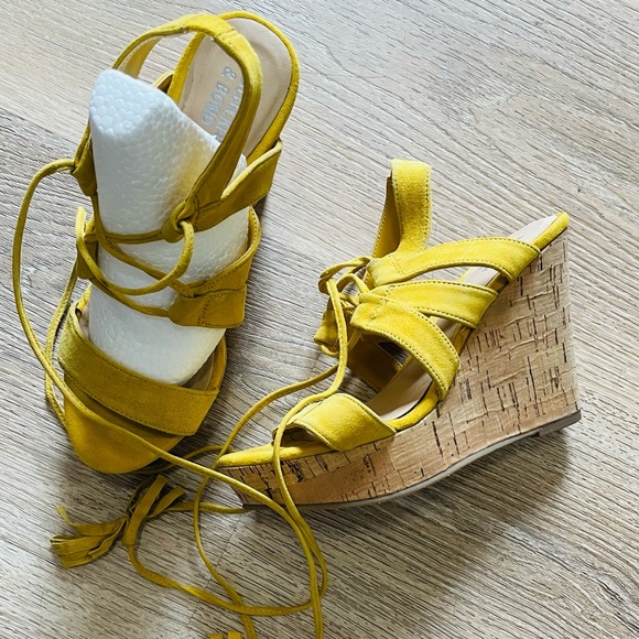 Bleeker & Bond Marisol Sunflower Yellow Suede Wedge Sandals - Picture 6 of 14